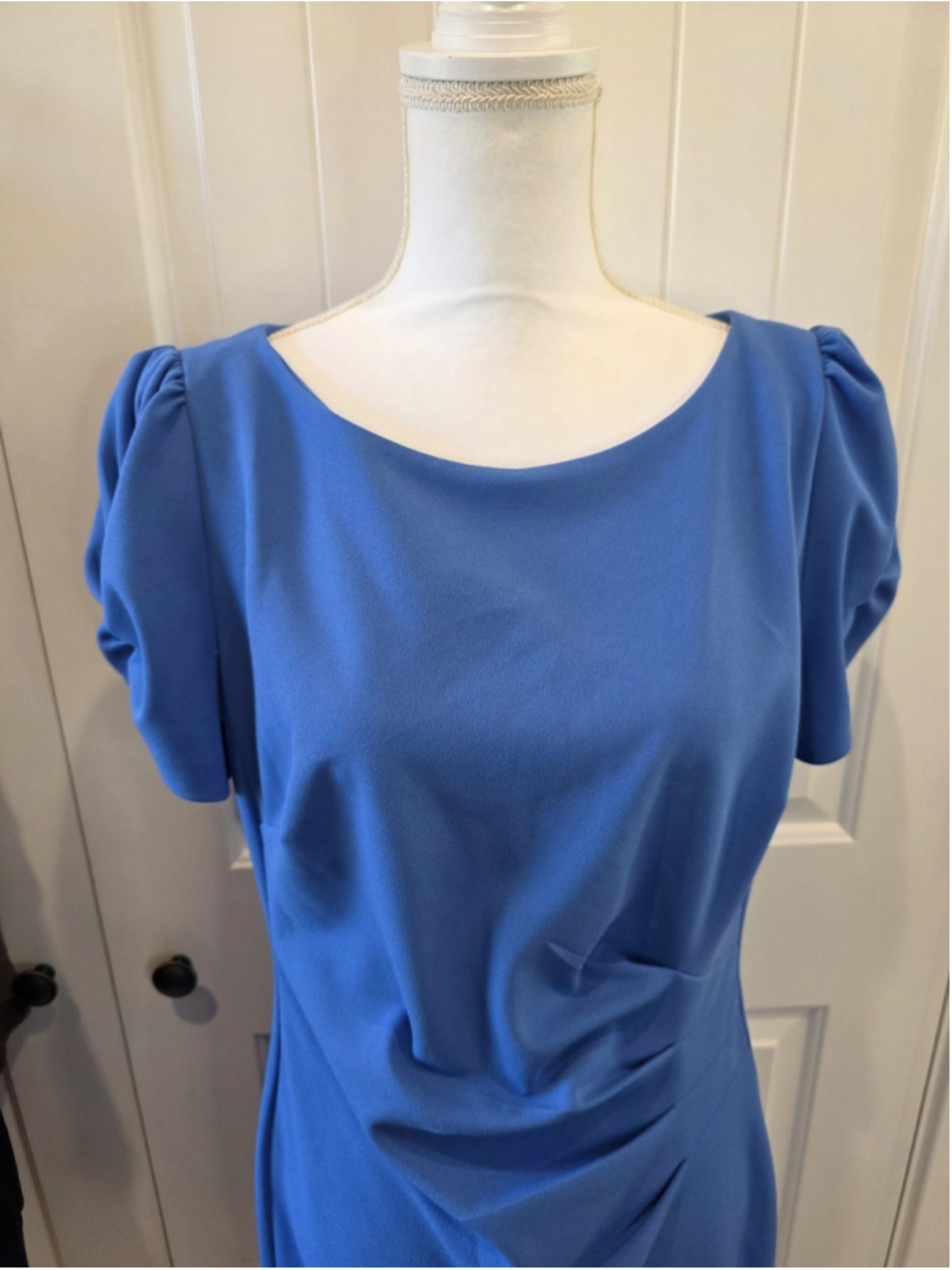 Karl Lagerfeld Womens Short Ruched Sleeve Jewel Blue Neck Sheath Dress Size 12 - Picture 7 of 12